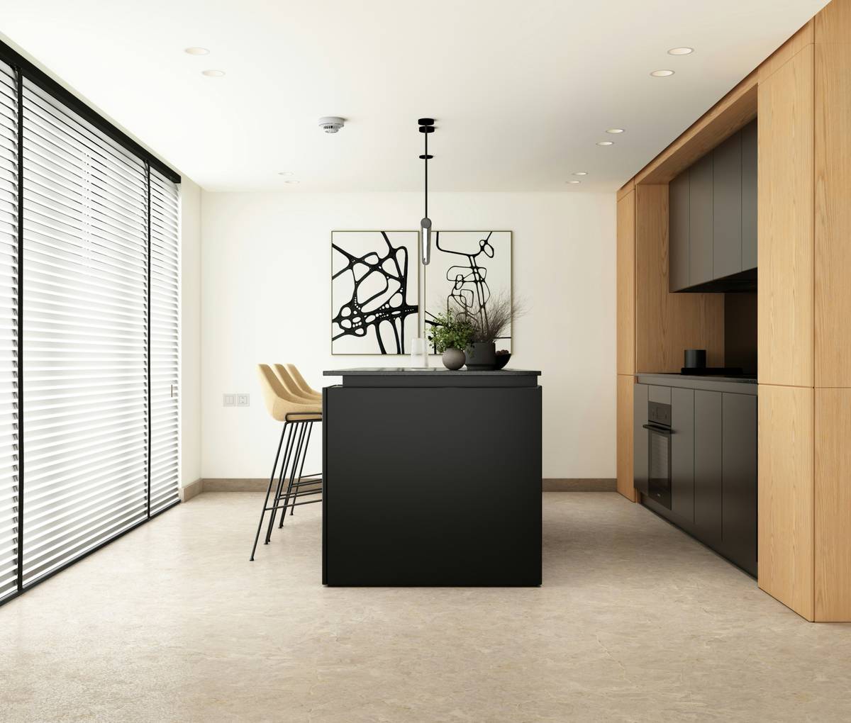 A refined modern kitchen interior designed with minimalist elegance. Natural oak textures, matte black cabinetry, soft daylight, and clean architectural lines create a calm and timeless atmosphere. Designed to balance warmth, functionality, and contemporary luxury.