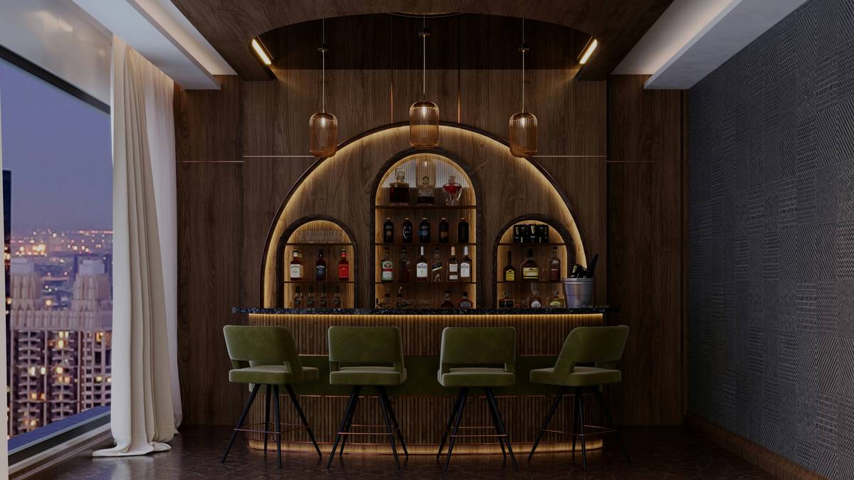 Diagram showing three lighting zones for home bars: ambient (ceiling), task (under-shelf dimmable LED light bar), and accent (backlit bottle display)