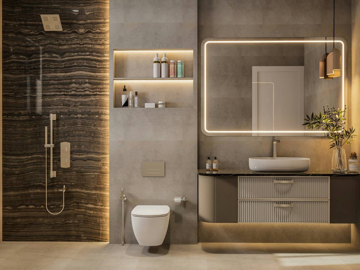Modern bar lighting for bathrooms installed above vanity mirror with soft ambient glow
